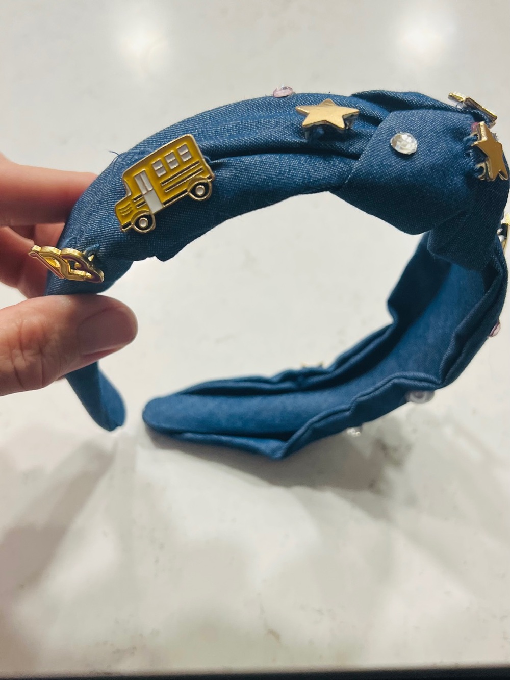 Blue Denim Embellished Headband with Gold Charms NWOT